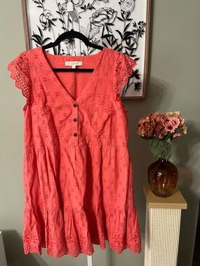 Loft Coral Orange Lace Eyelet Tiered Lined Cotton Summer Dress Size 8